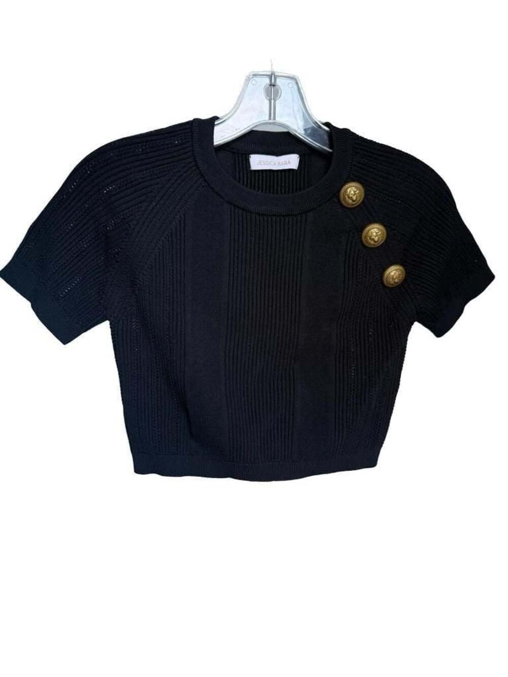Jessica Bara Black Ribbed Knit Crop Top with Gold Lion Buttons